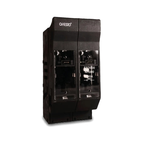 Black 2 Pole Fuse Switch Fuse Holder by ONESTO, an electrical component for power distribution systems.