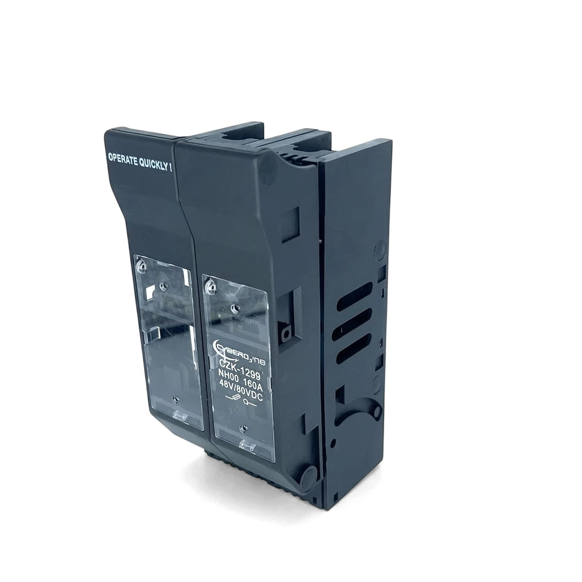Black 2 pole fuse switch fuse holder from Cyberdyne, with product details and 'OPERATE QUICKLY' text, shown from an angled
