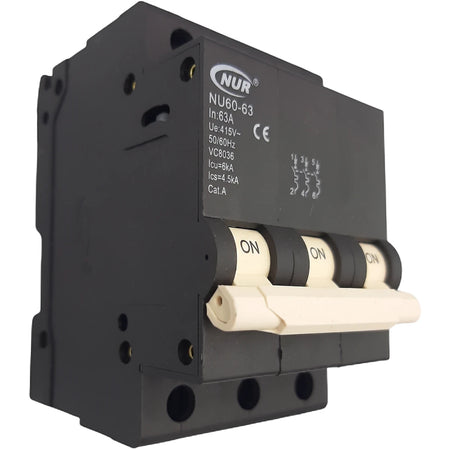 Black 20A 3-pole Din Rail Nur Circuit Breaker with cream-colored switches, shown from an angled perspective, for electrical