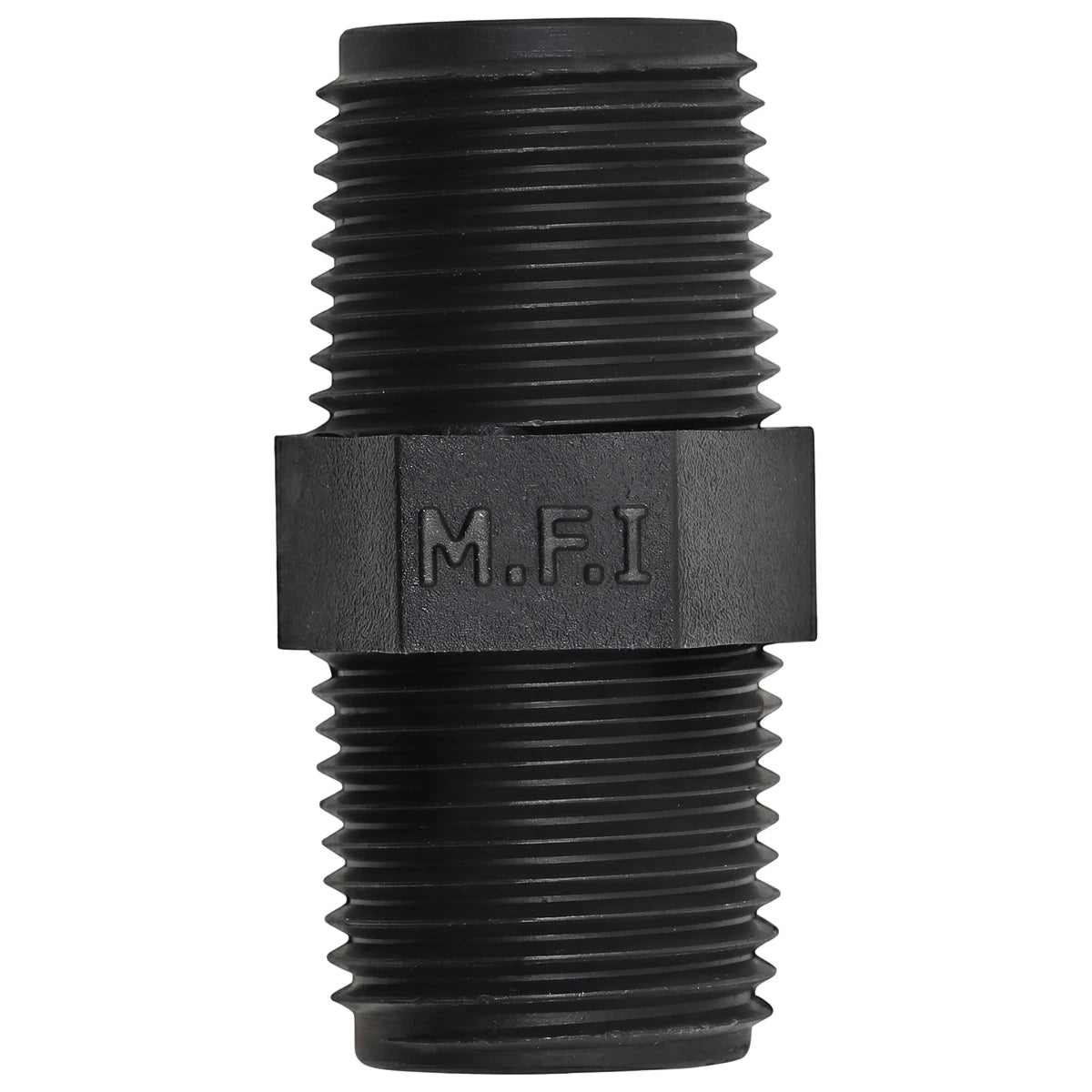 Black 20mm irrigation barrel nipple with threaded ends and M.F.I. branding, shown vertically.