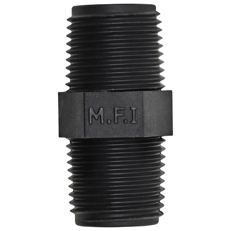 Black 20mm irrigation barrel nipple with threaded ends and M.F.I. branding, shown vertically.