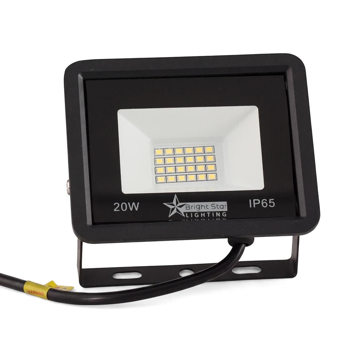 Black 20W LED flood light made of die-cast aluminum with a toughened glass lens, IP65 rated, shown angled.
