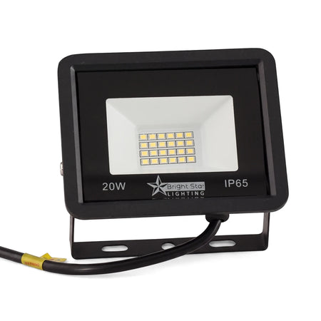 Black 20W LED flood light made of die-cast aluminum with a toughened glass lens, IP65 rated, shown angled.