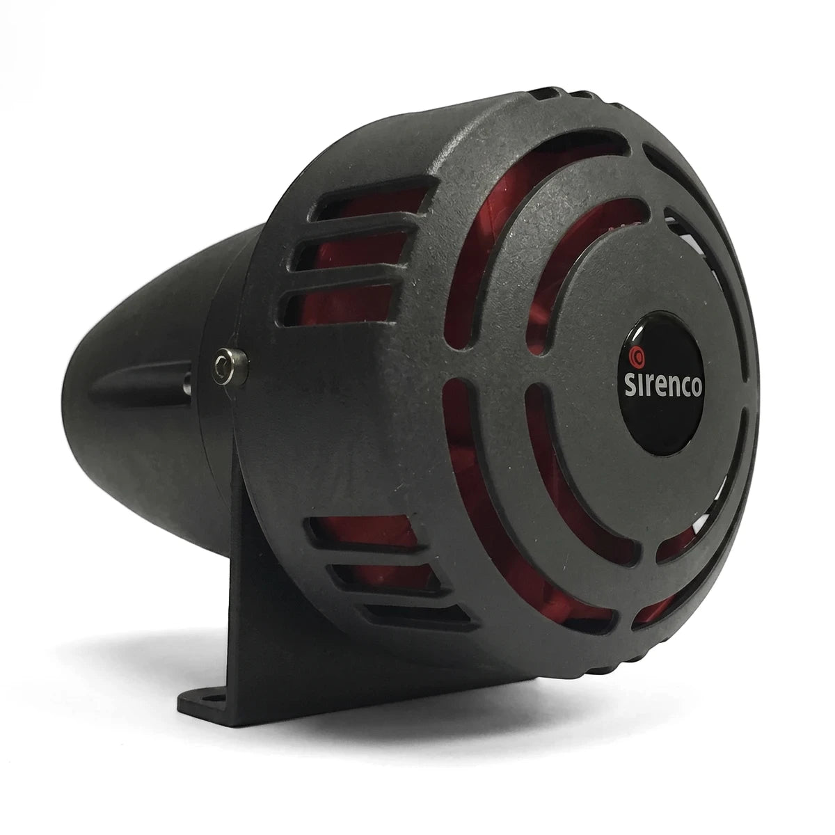 Black 230Vac 500M Motor Driven Siren with a visible Sirenco logo, shown from a three-quarter view.