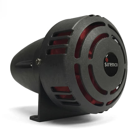 Black 230Vac 500M Motor Driven Siren with a visible Sirenco logo, shown from a three-quarter view.