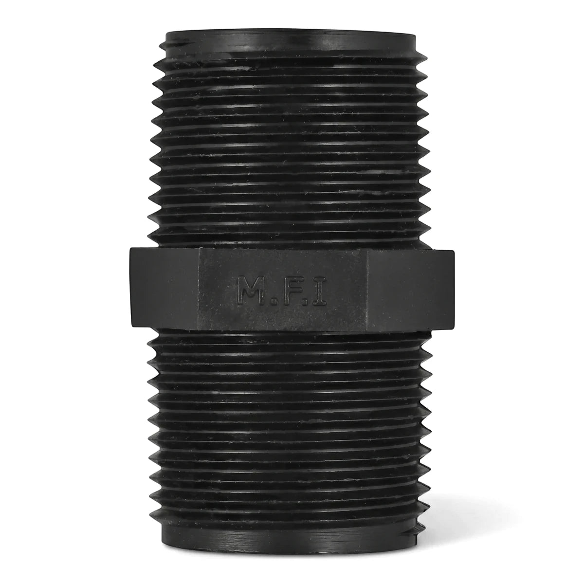 Black 25mm irrigation barrel nipple with threaded ends for pipe connections. Industrial plastic fitting.