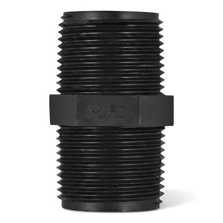Black 25mm irrigation barrel nipple with threaded ends for pipe connections. Industrial plastic fitting.