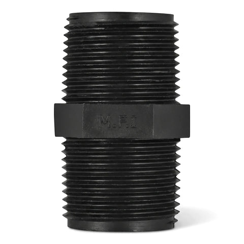 Black 25mm irrigation barrel nipple with threaded ends for pipe connections. Industrial plastic fitting.