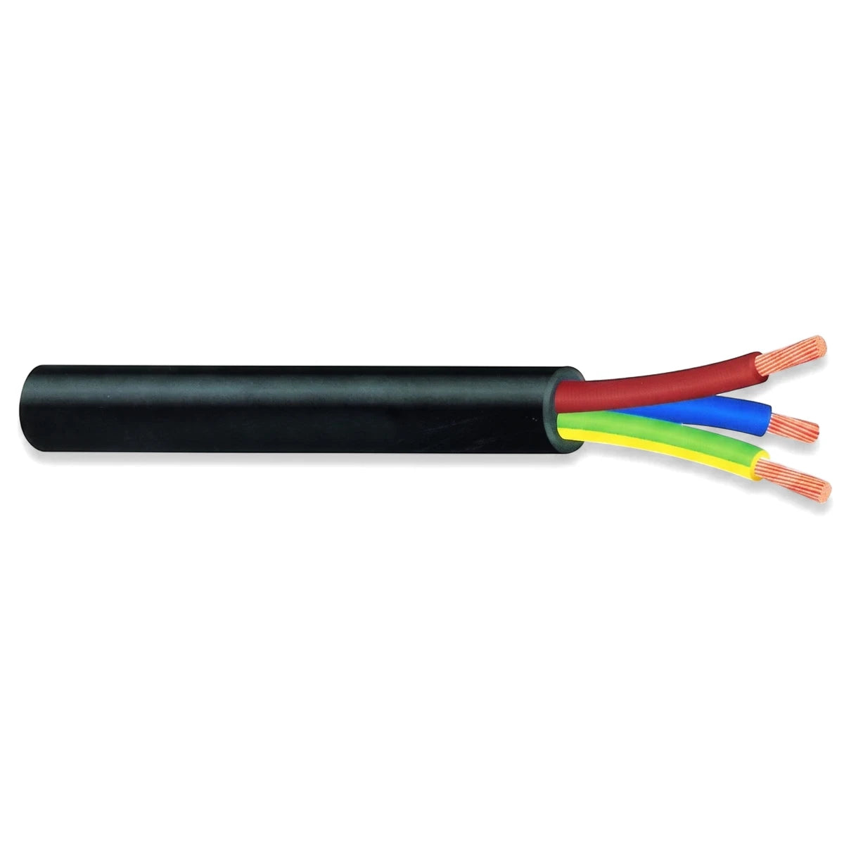 Black 3-core electrical cable with exposed red, blue, and green-yellow insulated copper wires.