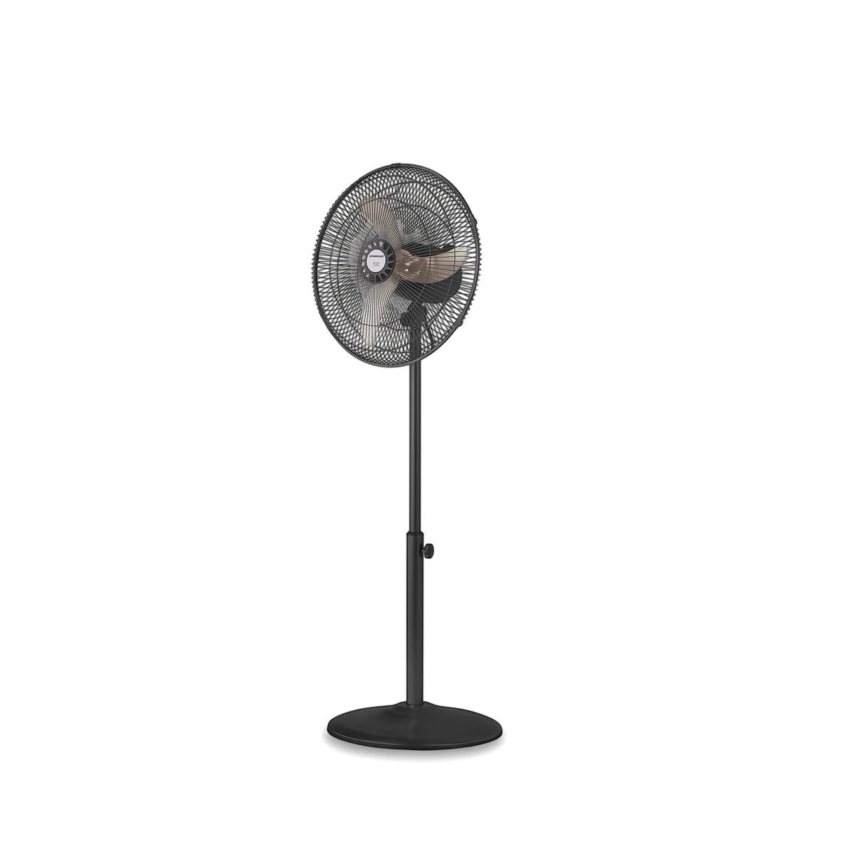 A black 3 speed 40cm height adjustable steel pedestal fan with a round base and metal grille. This cooling fan stands