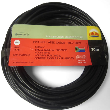 Black 30m PVC insulated general purpose electrical wire cable, coiled and labeled, ready for use in housing and appliances.