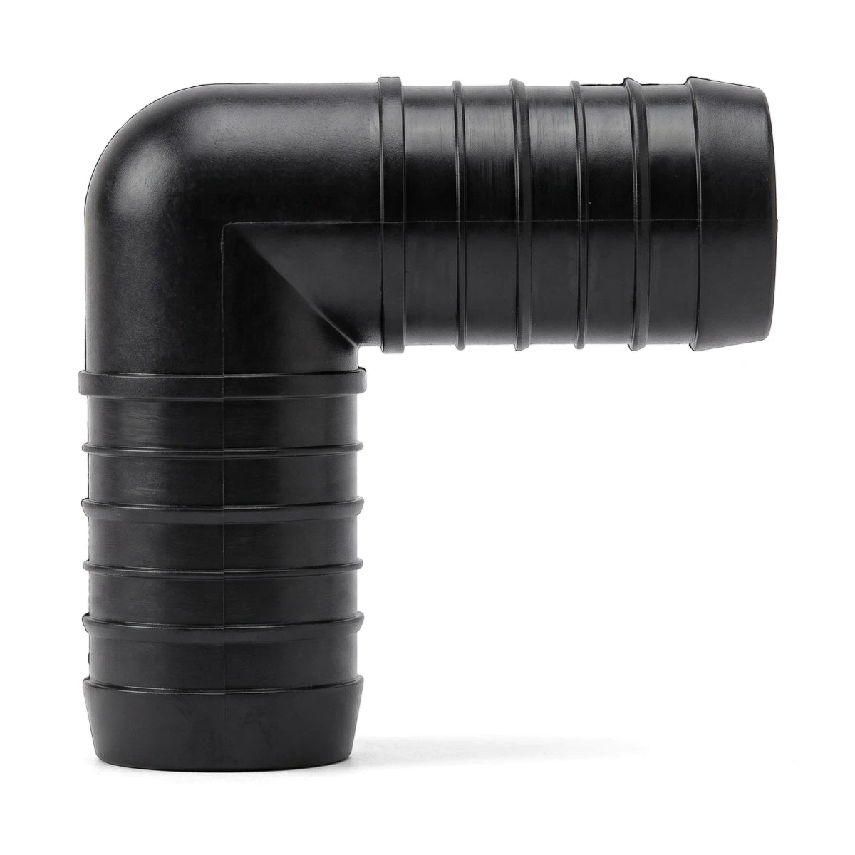 Black 32mm irrigation elbow with ribbed ends for secure hose connection, shown from a slight angle.