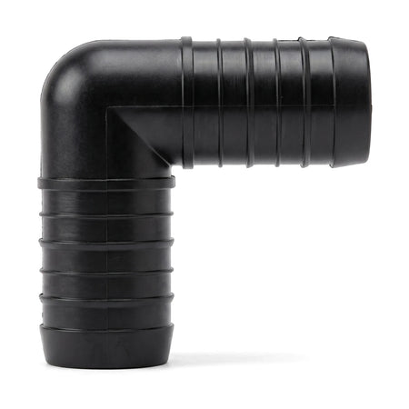 Black 32mm irrigation elbow with ribbed ends for secure hose connection, shown from a slight angle.