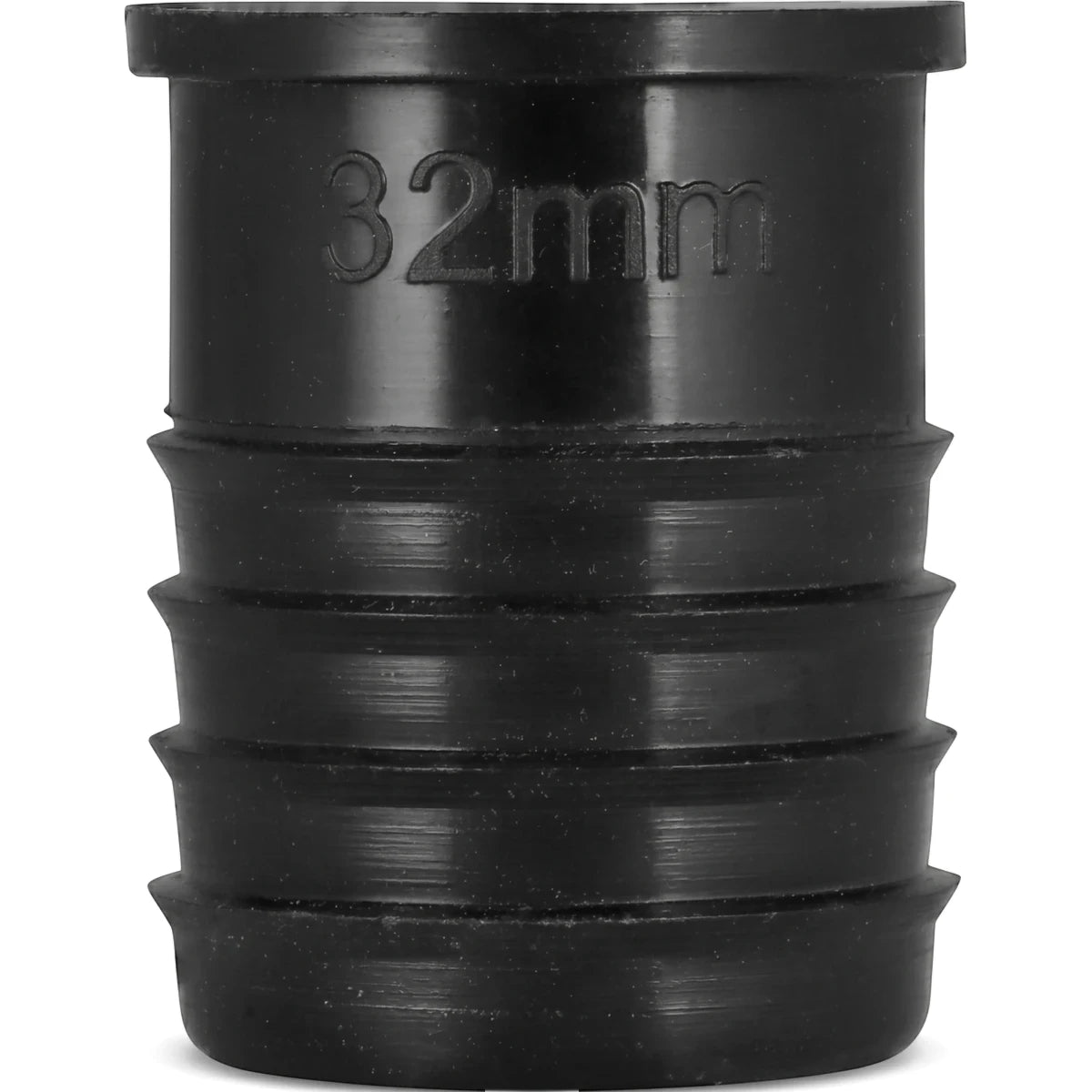 Black 32mm irrigation plug made of durable plastic, featuring a cylindrical design with ribbed grips for secure fitting.