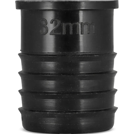 Black 32mm irrigation plug made of durable plastic, featuring a cylindrical design with ribbed grips for secure fitting.