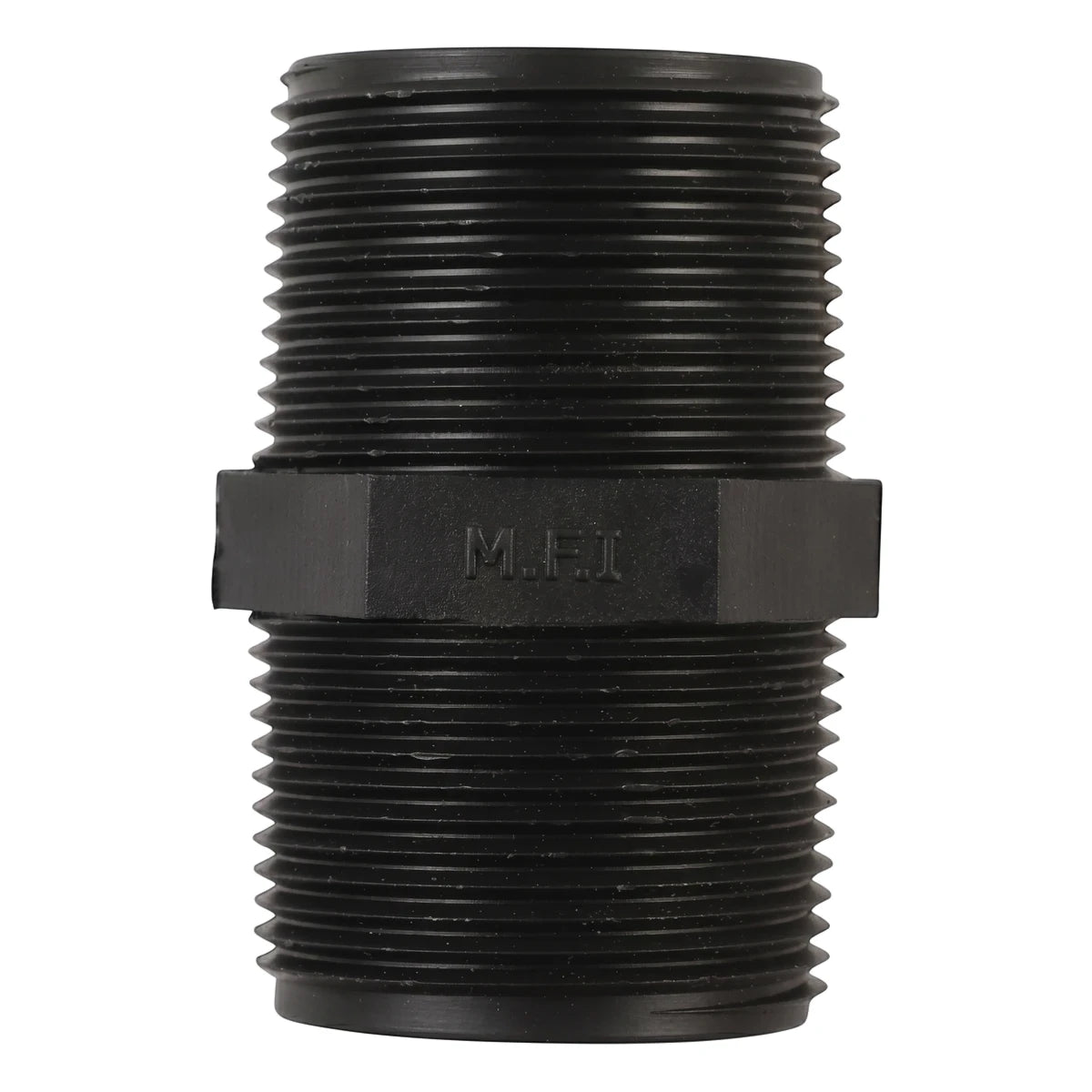 Black 32mm irrigation barrel nipple made of plastic with external threads on both ends, shown on a white background.