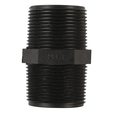 Black 32mm irrigation barrel nipple made of plastic with external threads on both ends, shown on a white background.