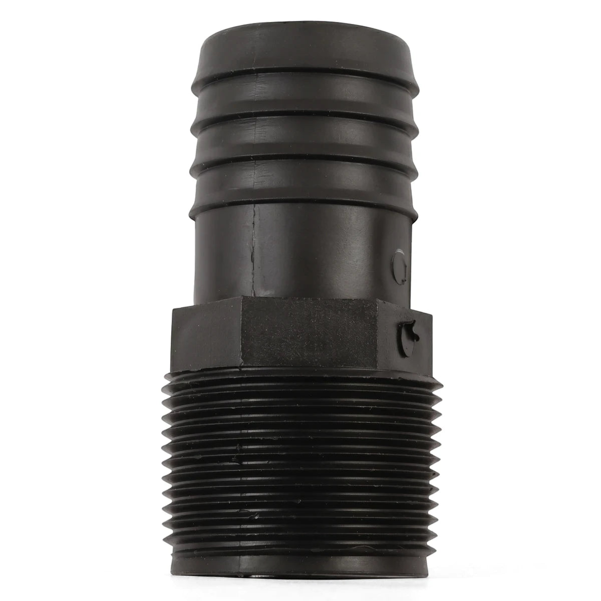 Black 32mm plastic irrigation male adapter with ribbed barb fitting and external threads for connecting irrigation