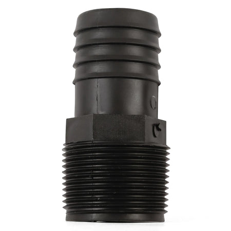 Black 32mm plastic irrigation male adapter with ribbed barb fitting and external threads for connecting irrigation