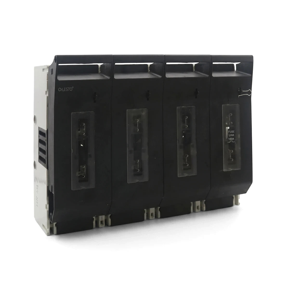 Black 4 Pole Fuse Switch Fuse Holder for electrical circuit protection with four individual fuse bays.