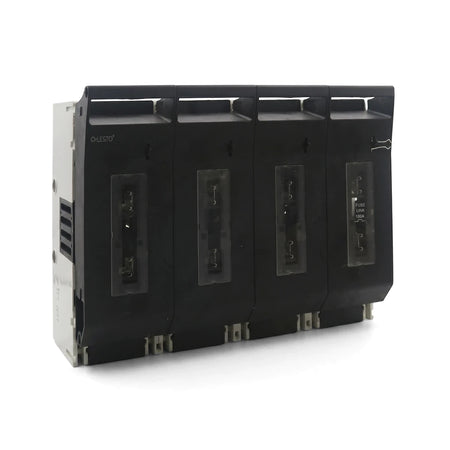 Black 4 Pole Fuse Switch Fuse Holder for electrical circuit protection with four individual fuse bays.