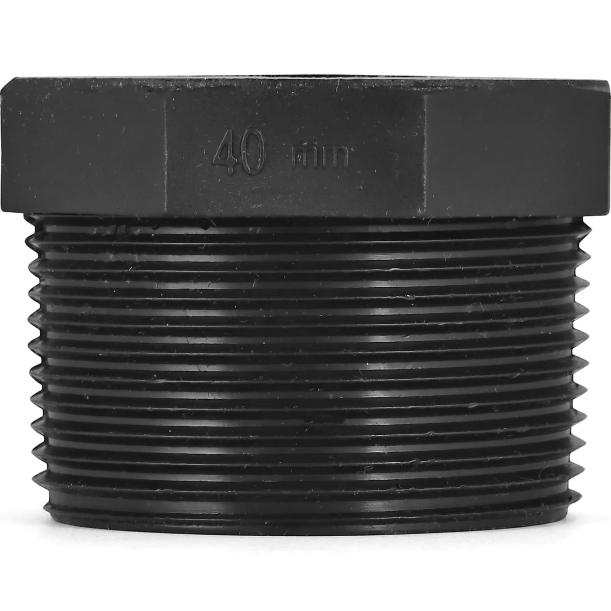 Black 40mm x 15mm irrigation reducing bush with external threads for plumbing and pipe fitting applications.