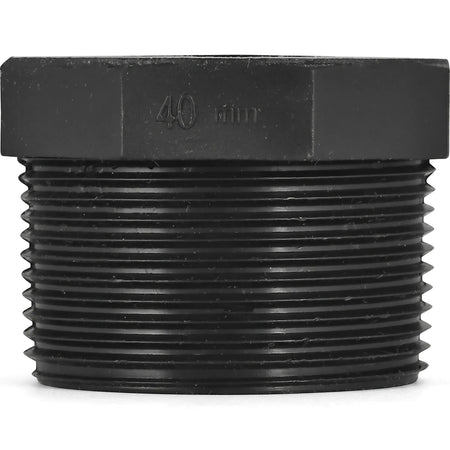 Black 40mm x 15mm irrigation reducing bush with external threads for plumbing and pipe fitting applications.