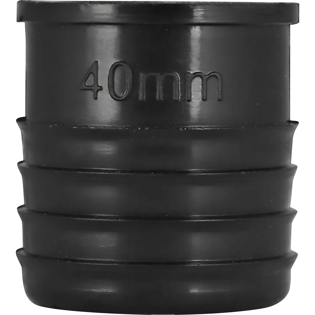 Black 40mm plastic irrigation plug, shown upright with embossed sizing on the side, designed for plumbing and water systems.
