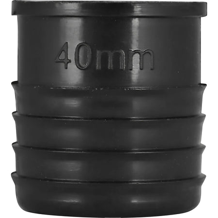 Black 40mm plastic irrigation plug, shown upright with embossed sizing on the side, designed for plumbing and water systems.