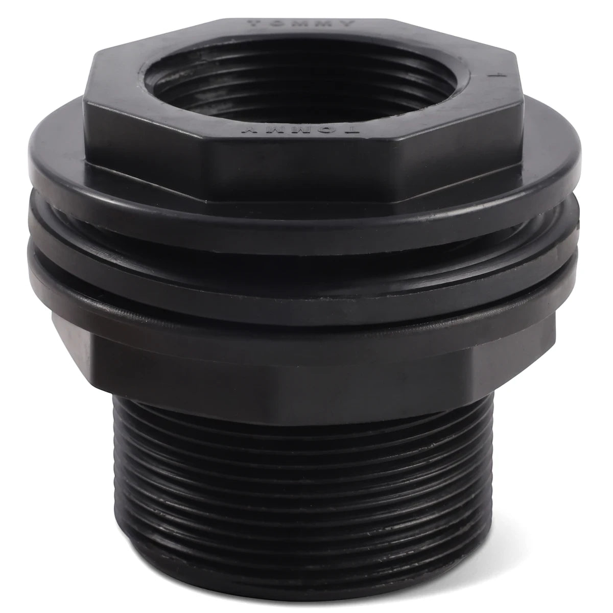 Black 40mm plastic water fitting with visible threading and a hexagonal top, shown on a white background.