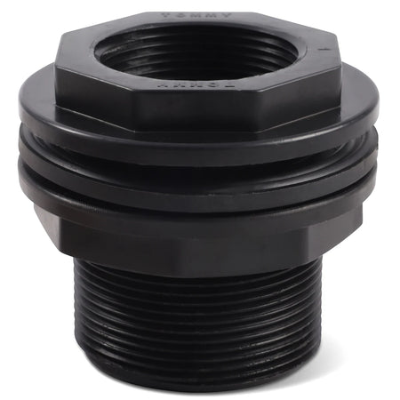 Black 40mm plastic water fitting with visible threading and a hexagonal top, shown on a white background.