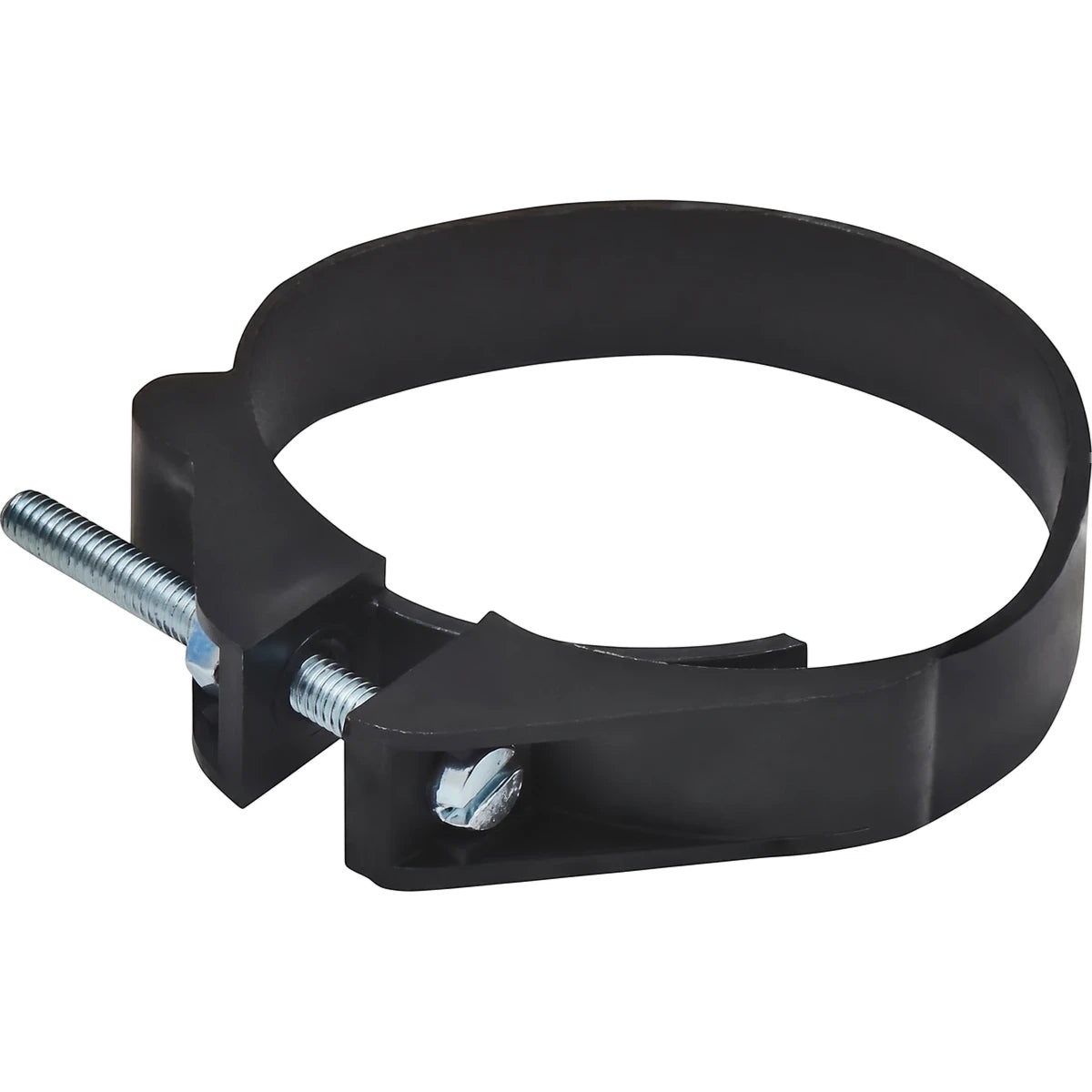 Black 40mm waste clamp and screw set for plumbing and pipe fitting, shown from an angle against a white background.