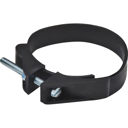 Black 40mm waste clamp and screw set for plumbing and pipe fitting, shown from an angle against a white background.