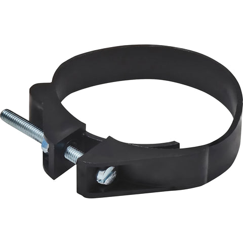 Black 40mm waste clamp and screw set for plumbing and pipe fitting, shown from an angle against a white background.