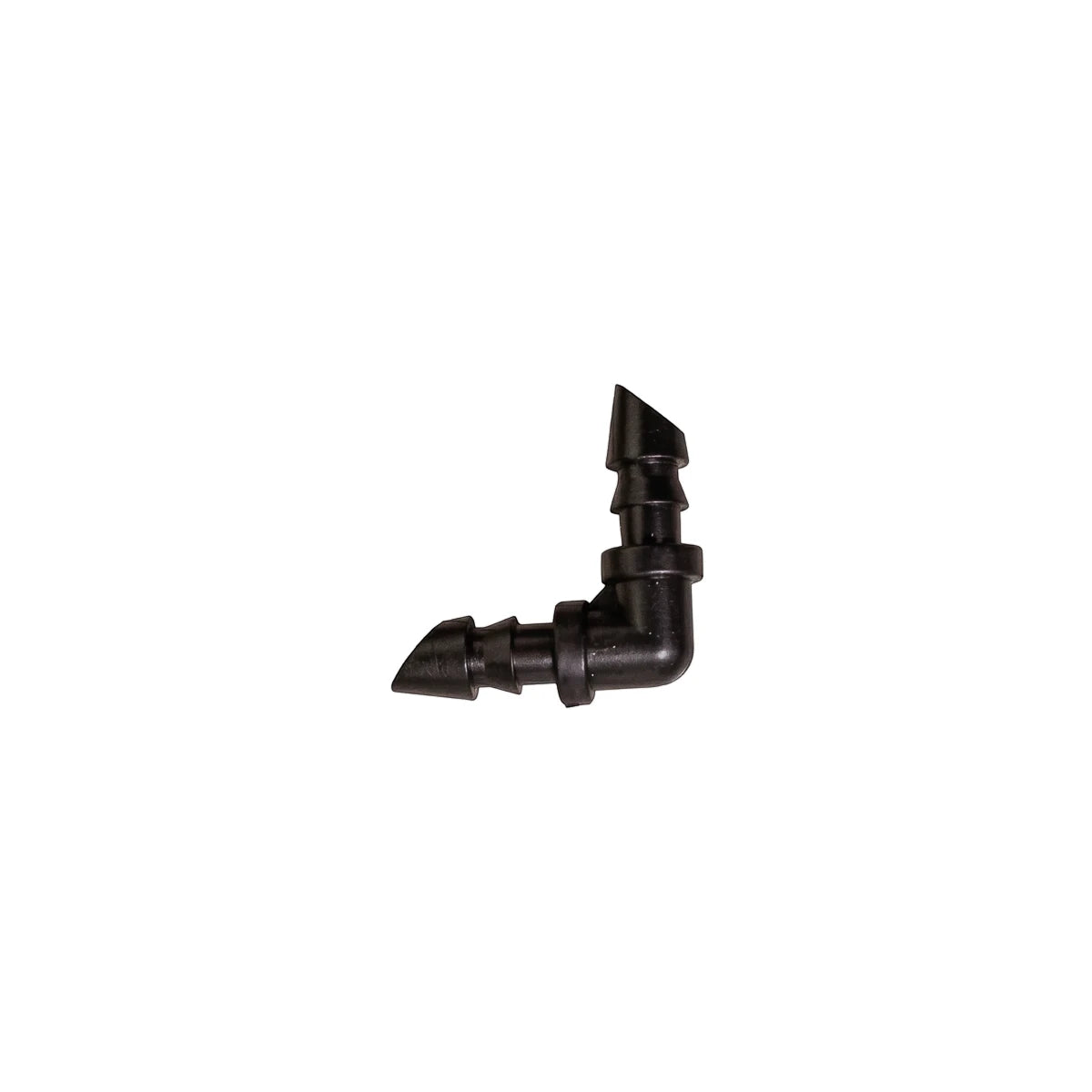 Black 4mm micro barb elbow fitting with a 90-degree angle and ribbed connectors for secure hose attachment, displayed on a