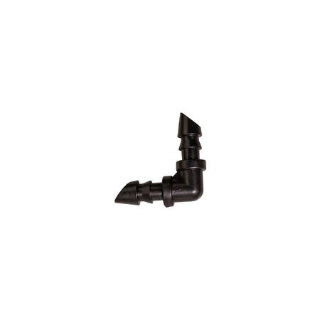Black 4mm micro barb elbow fitting with a 90-degree angle and ribbed connectors for secure hose attachment, displayed on a
