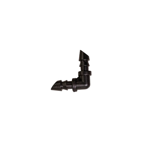 Black 4mm micro barb elbow fitting with a 90-degree angle and ribbed connectors for secure hose attachment, displayed on a