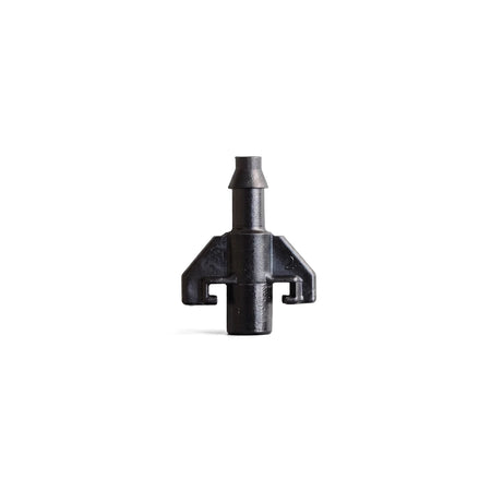 Black 4mm micro barbed butterfly irrigation component for drip systems, shown from a direct view.
