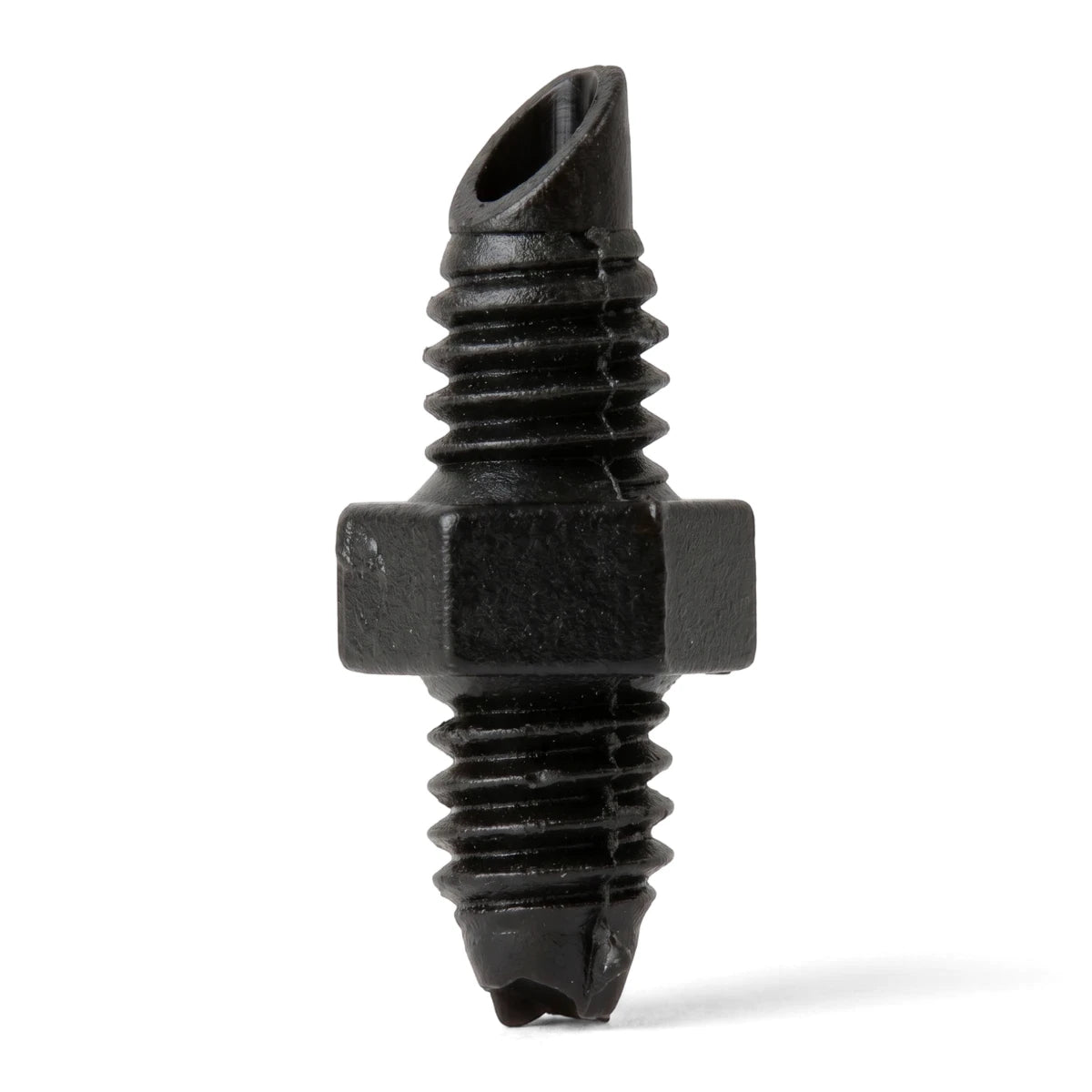 Black 4mm micro screw adapter with threaded ends and an angled hollow tip, shown vertically in a studio shot.