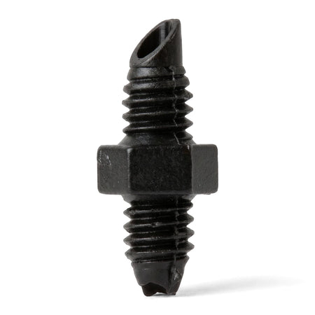 Black 4mm micro screw adapter with threaded ends and an angled hollow tip, shown vertically in a studio shot.