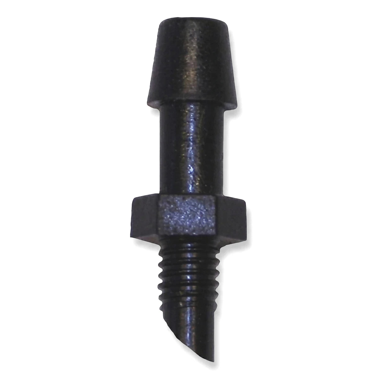 Black 4mm Micro Screw/Barb Adapter, a barbed fitting with a threaded end, shown vertically on a white background.