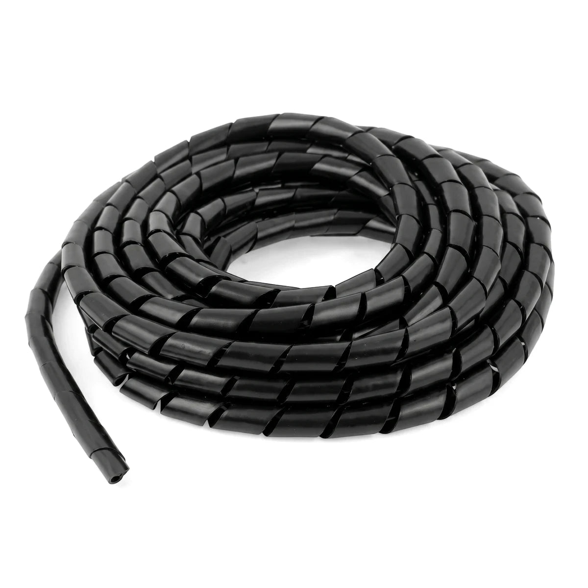 Coiled black 4mm spiral wrapping cable organizer for managing and protecting wires.