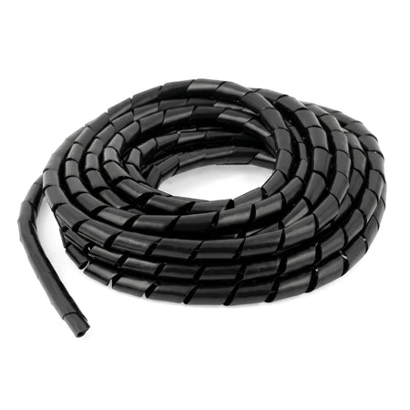 Coiled black 4mm spiral wrapping cable organizer for managing and protecting wires.