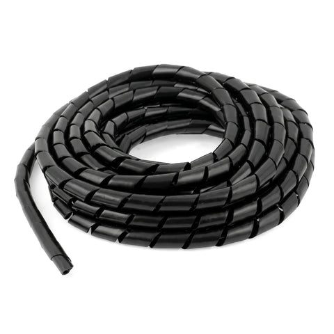 Coiled black 4mm spiral wrapping cable organizer for managing and protecting wires.