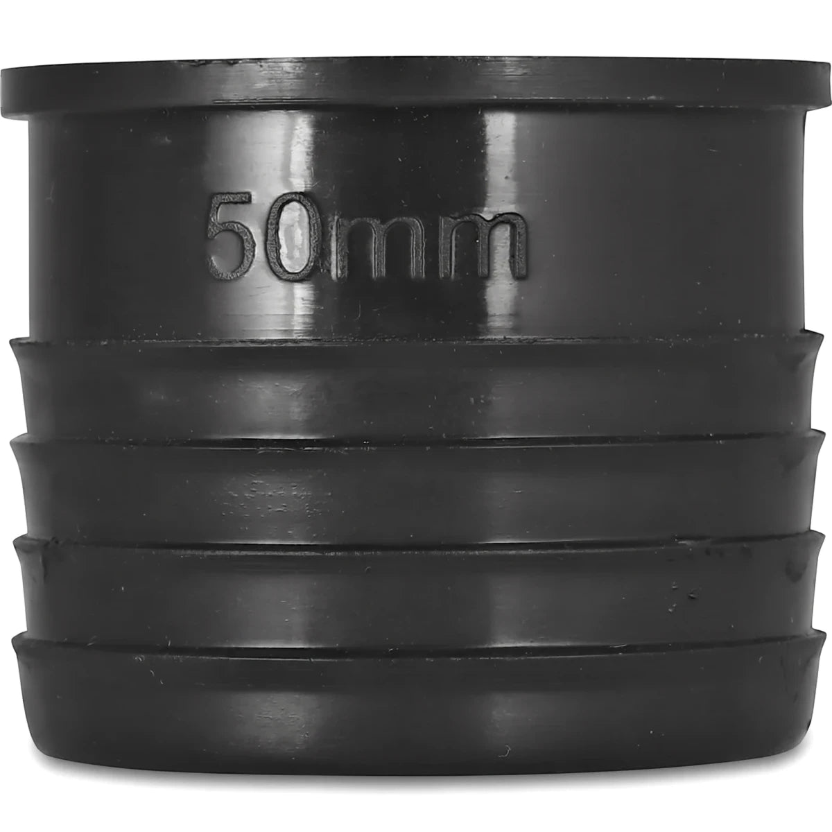 Black 50mm irrigation plug made of durable plastic, featuring stepped ridges and embossed size marking on its side, shown on
