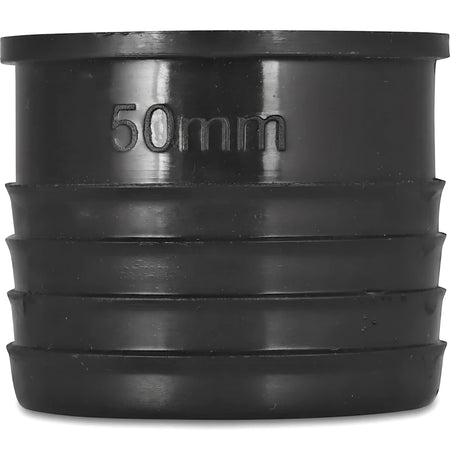 Black 50mm irrigation plug made of durable plastic, featuring stepped ridges and embossed size marking on its side, shown on