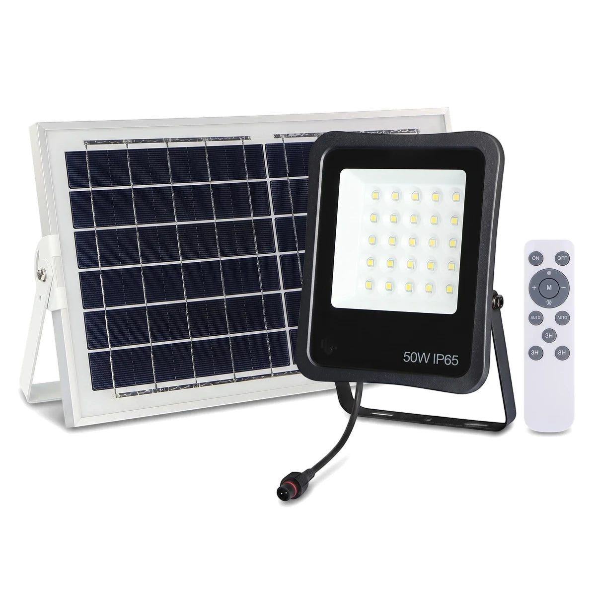 Black 50W IP65 outdoor solar light with a separate solar panel and remote control for efficient outdoor illumination.