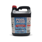A black 5-liter plastic bottle of Pool Acid with a vibrant red screw cap and detailed blue and red warning labels, shown