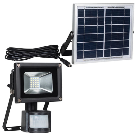 Black 5W solar-powered LED floodlight with an integrated motion sensor and separate solar panel, shown on a white background.
