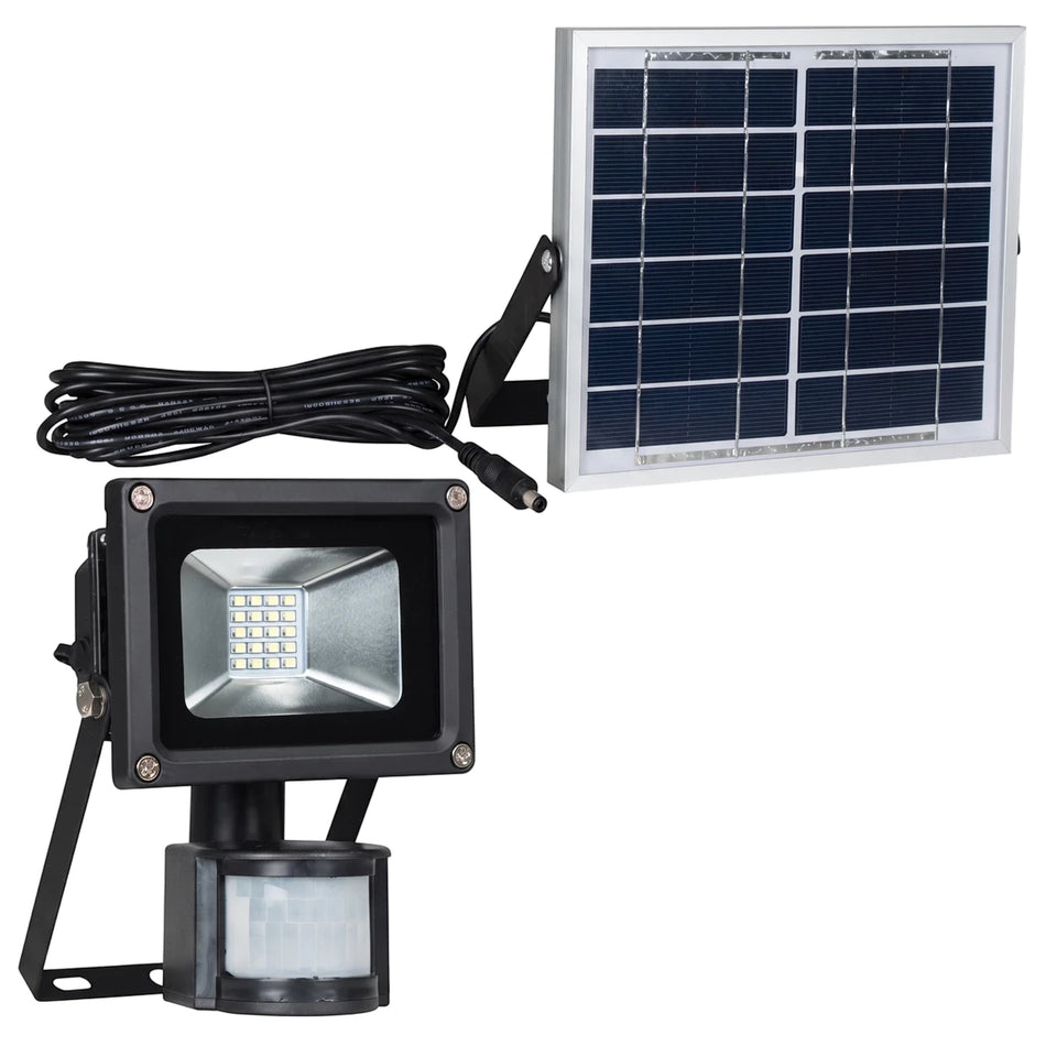 Black 5W solar-powered LED floodlight with an integrated motion sensor and separate solar panel, shown on a white background.